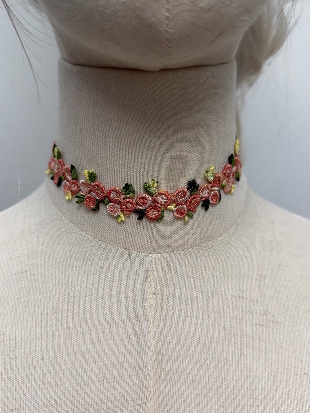 Pink Floral Lace Choker Necklace Embroidered Flowers Cottagecore Coquette